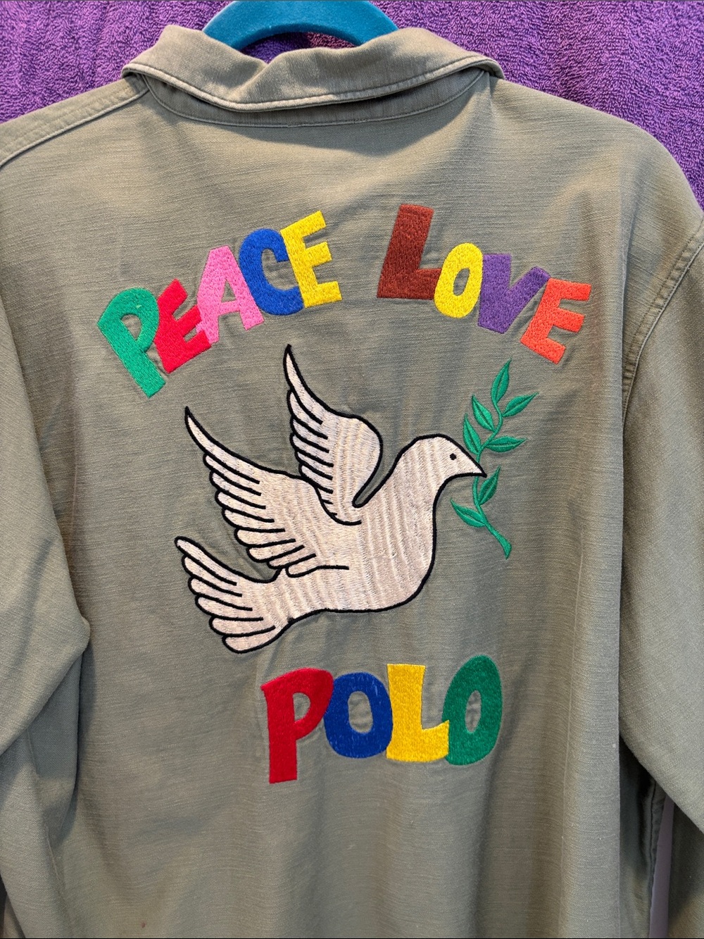 NWTPolo by Ralph Lauren Olive Green Jacket with Multicolor 'Peace Love' Appliqué